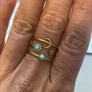 Gold and Turquoise Sun and Moon Ring - Adjustable size - Boho - NEW only tried o